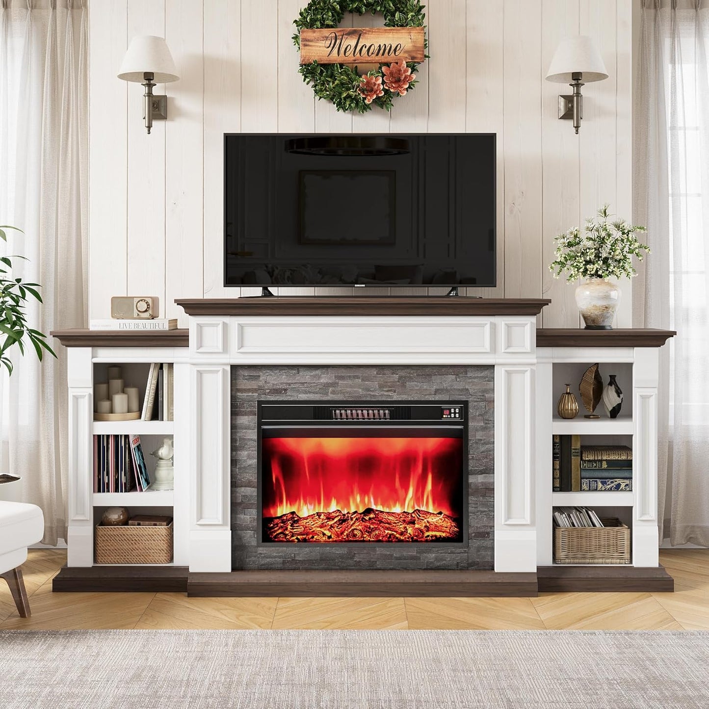 Farmhouse Electric Fireplace TV Stand Up to 90 - Remote Control