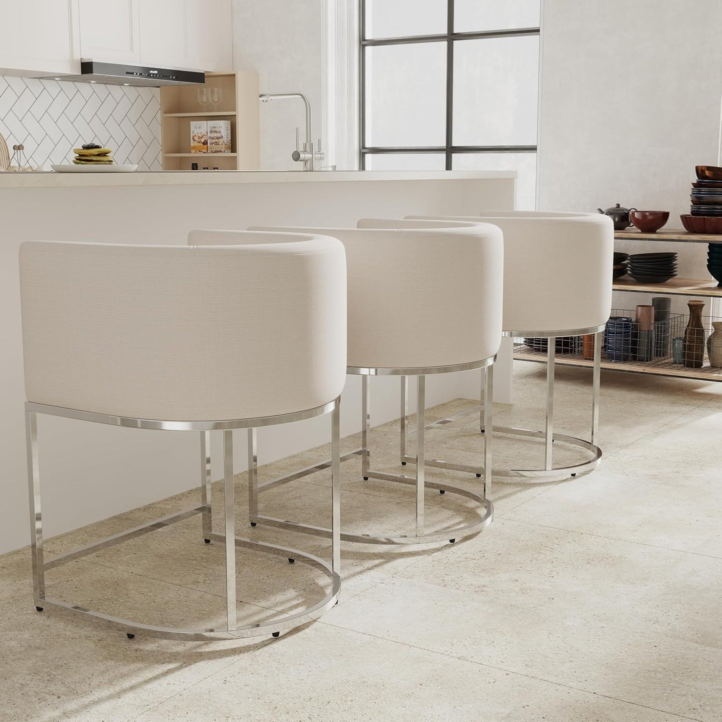 Contemporary Cream Linen Bar Stools Set of 3 for Kitchen Use