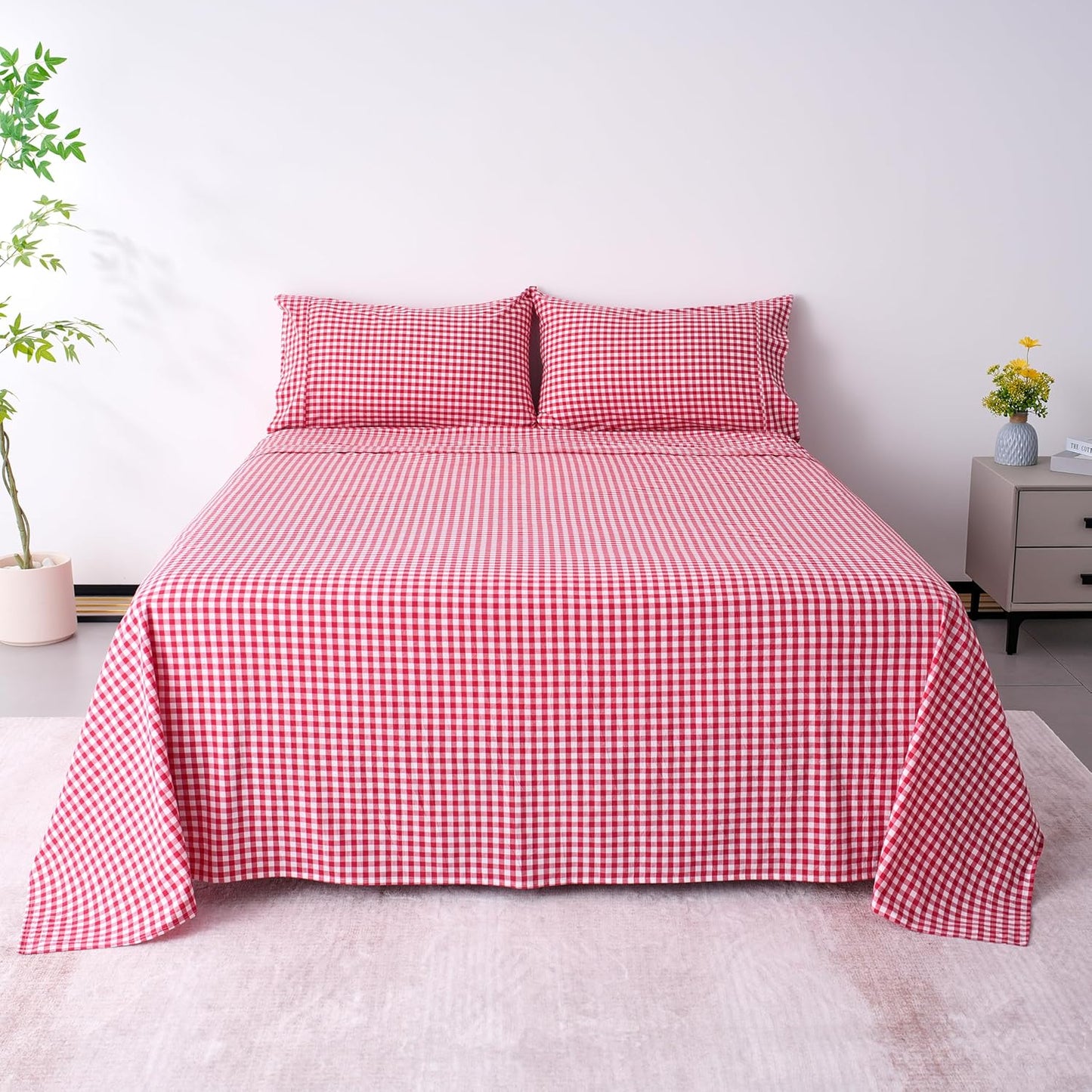 Cotton Checkered Twin Sheets Set - Red Gingham Luxury Bedding