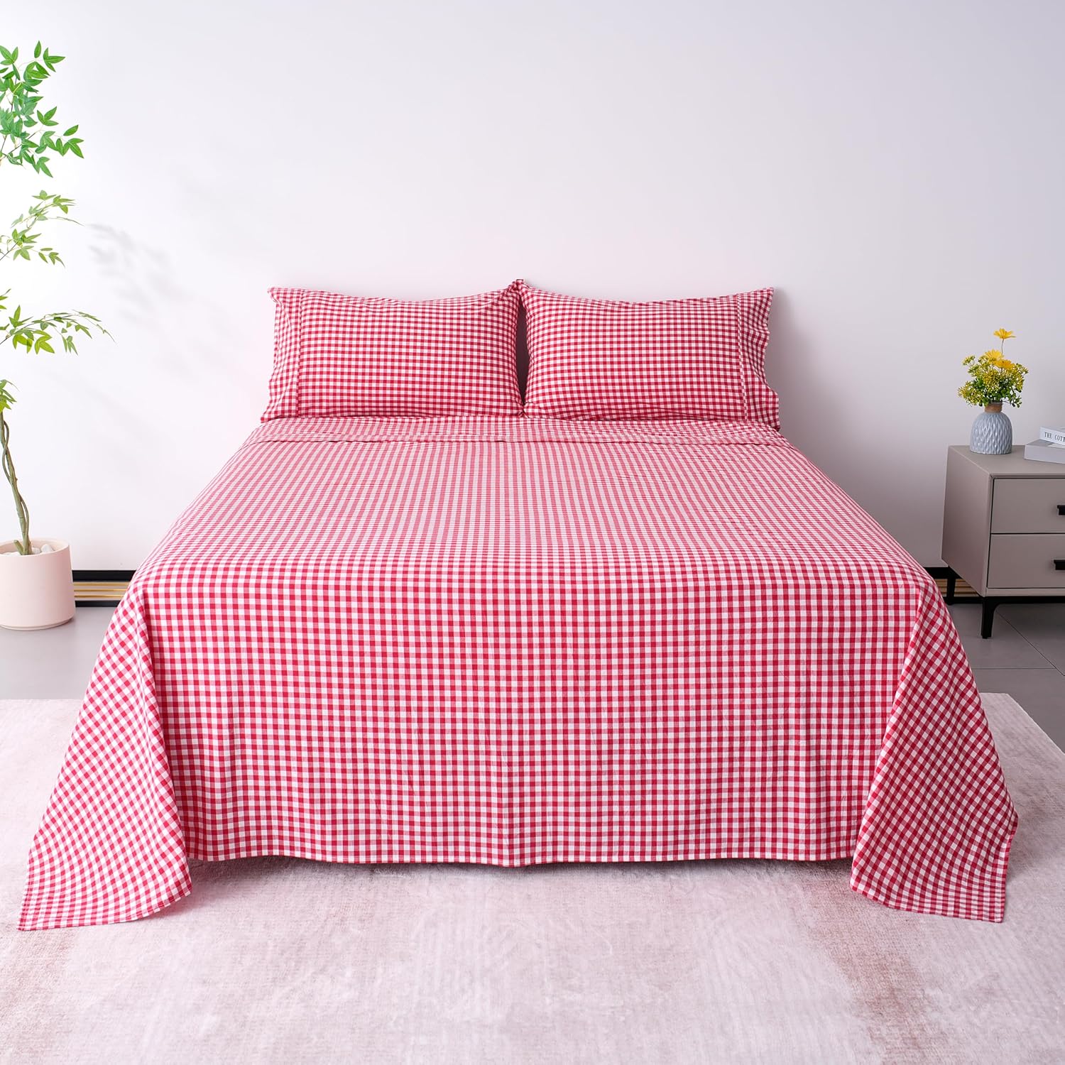 Cotton Checkered Twin Sheets Set - Red Gingham Luxury Bedding