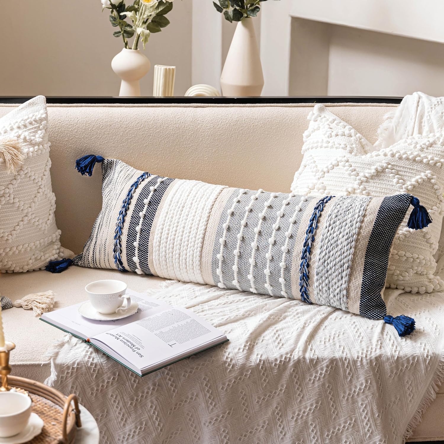 BlissBlush Navy Dark Blue Boho Decorative Lumbar Pillow Cover