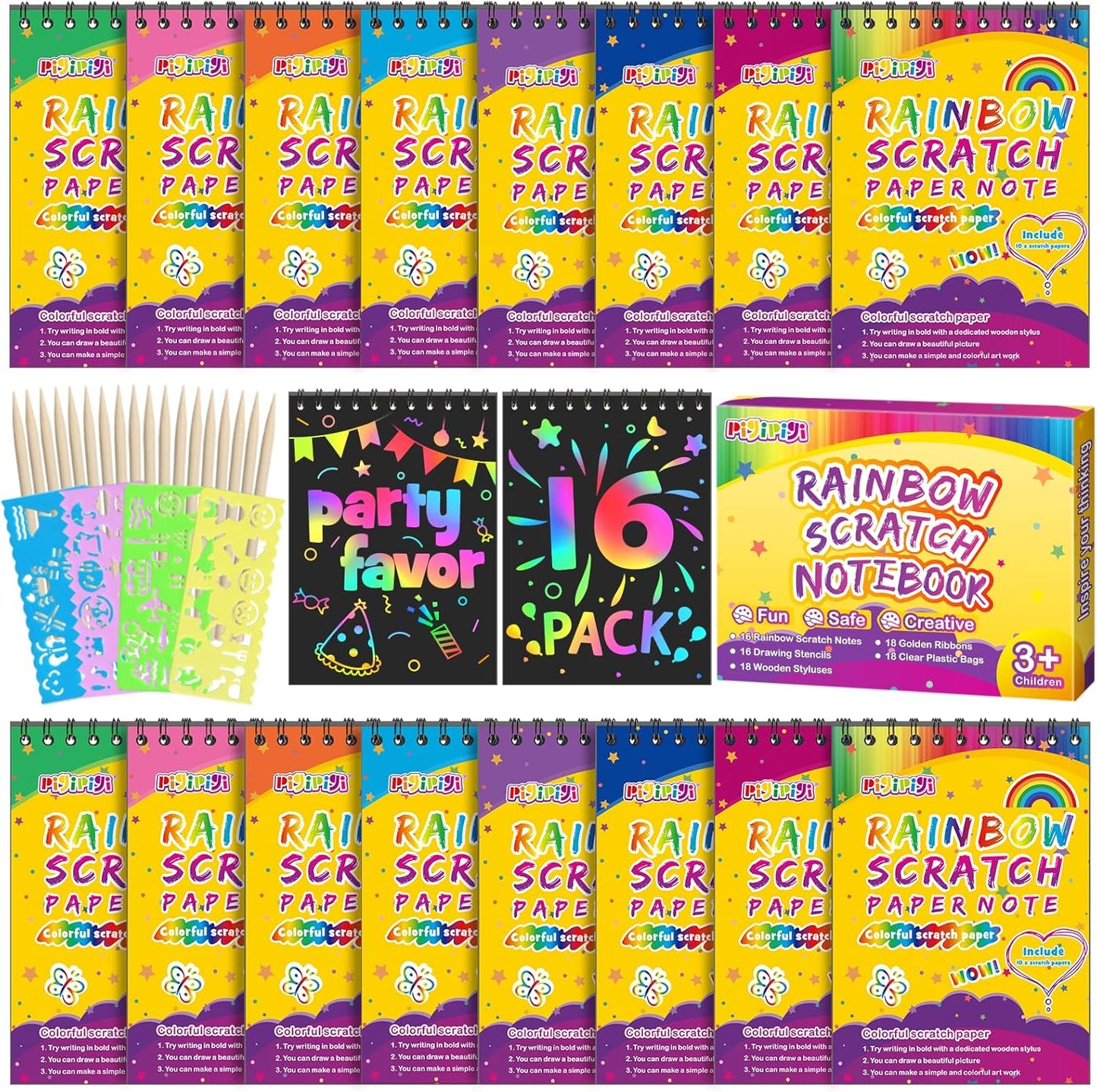 Rainbow Scratch Art Kit: 16 Pack Party Favors
