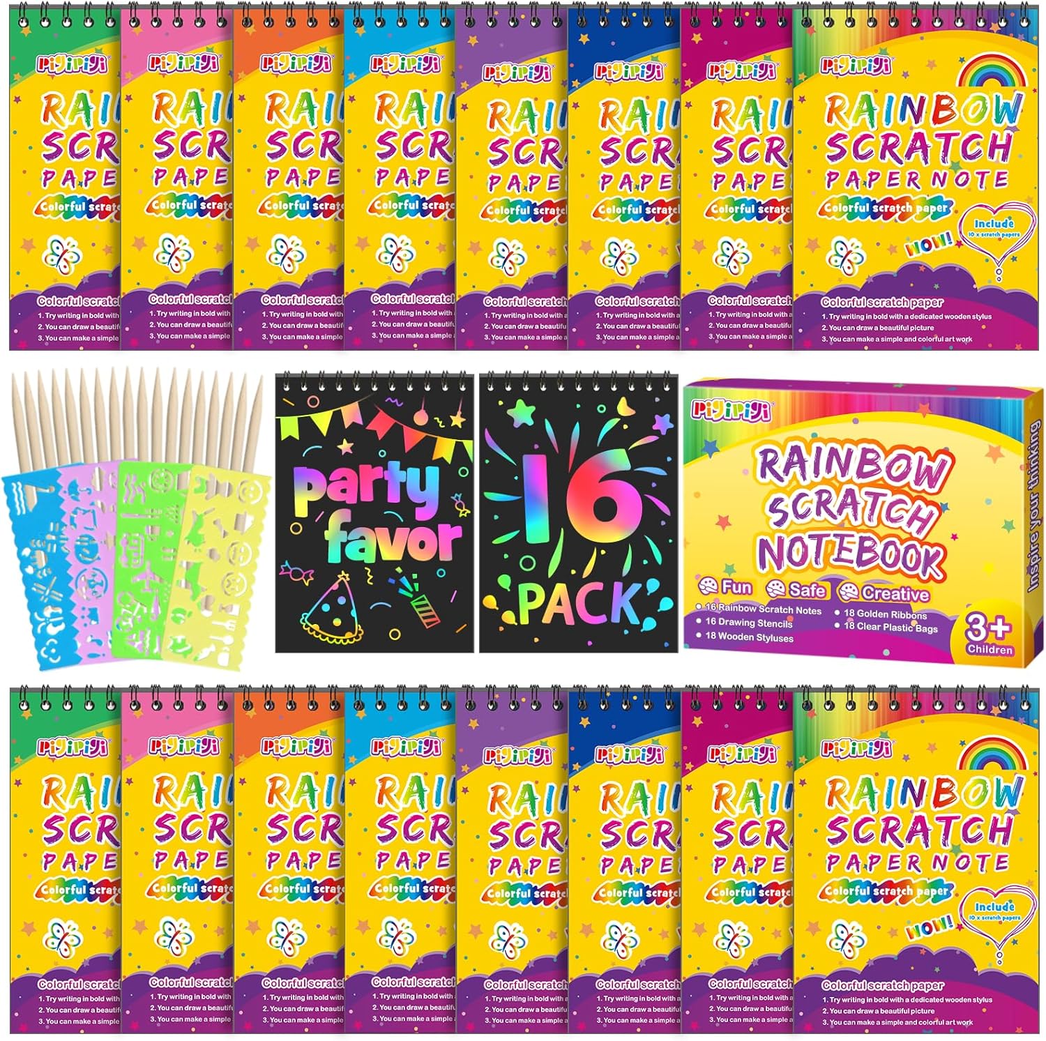 Rainbow Scratch Art Kit: 16 Pack Party Favors