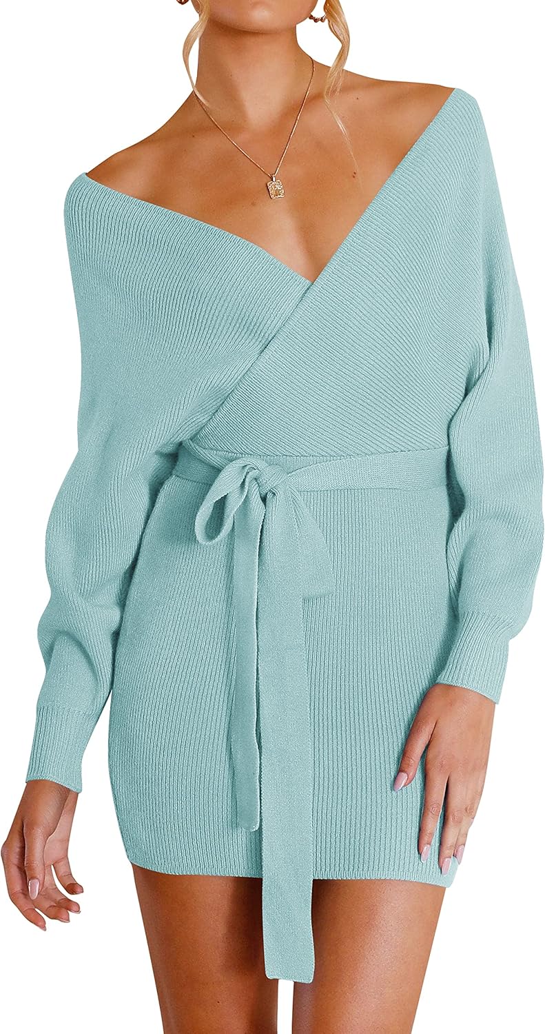 ZESICA Women's Fall Long Batwing Sleeve Wrap V Neck Dress