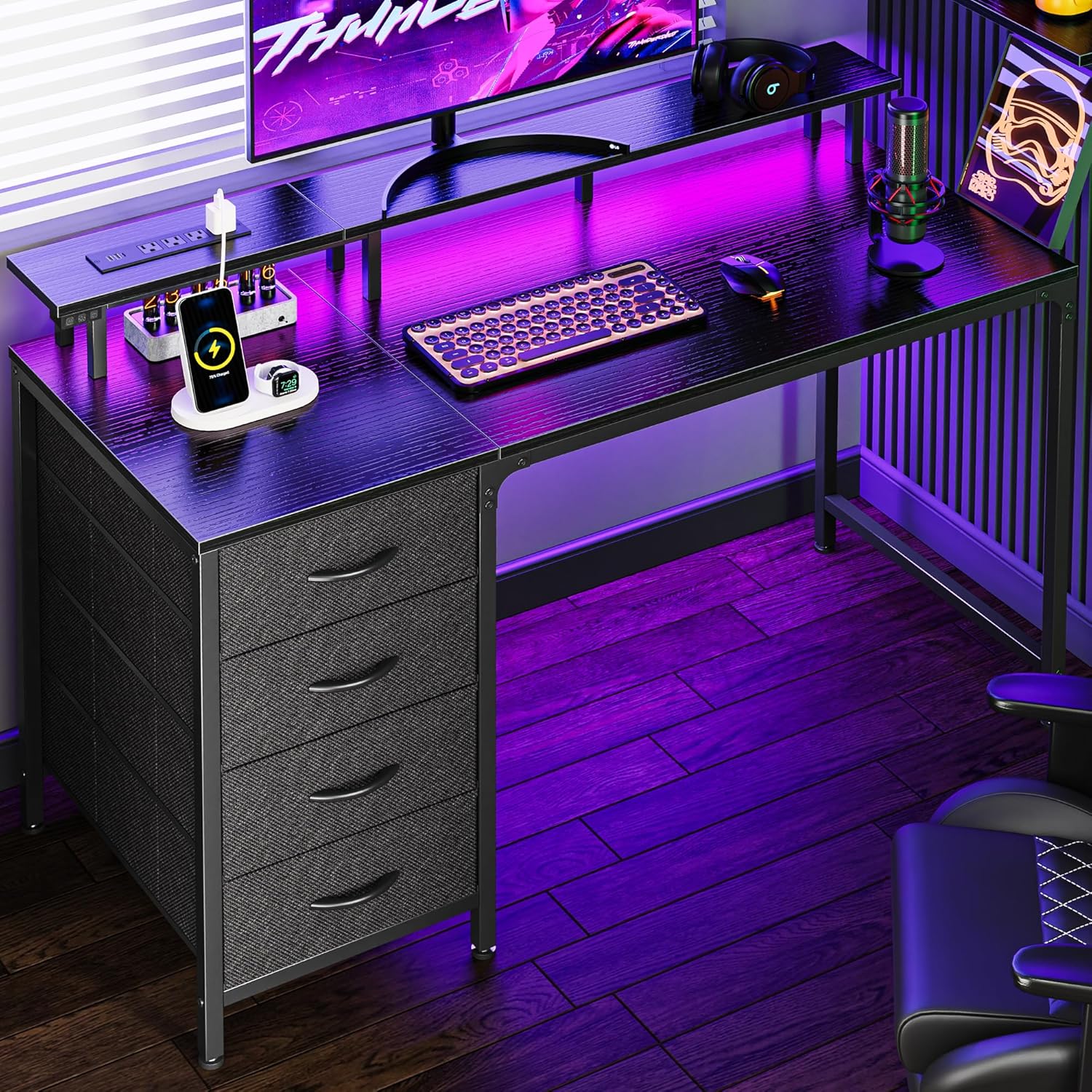47 Gaming Desk with Power Outlets and LED Lights