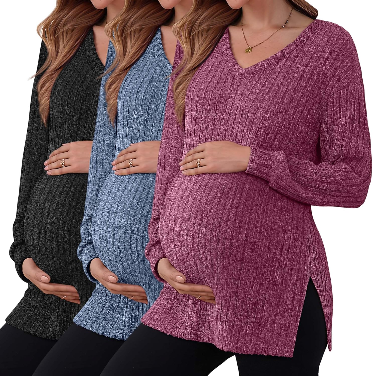 3 Pack Women's Ribbed Maternity Shirts for Stylish Comfort