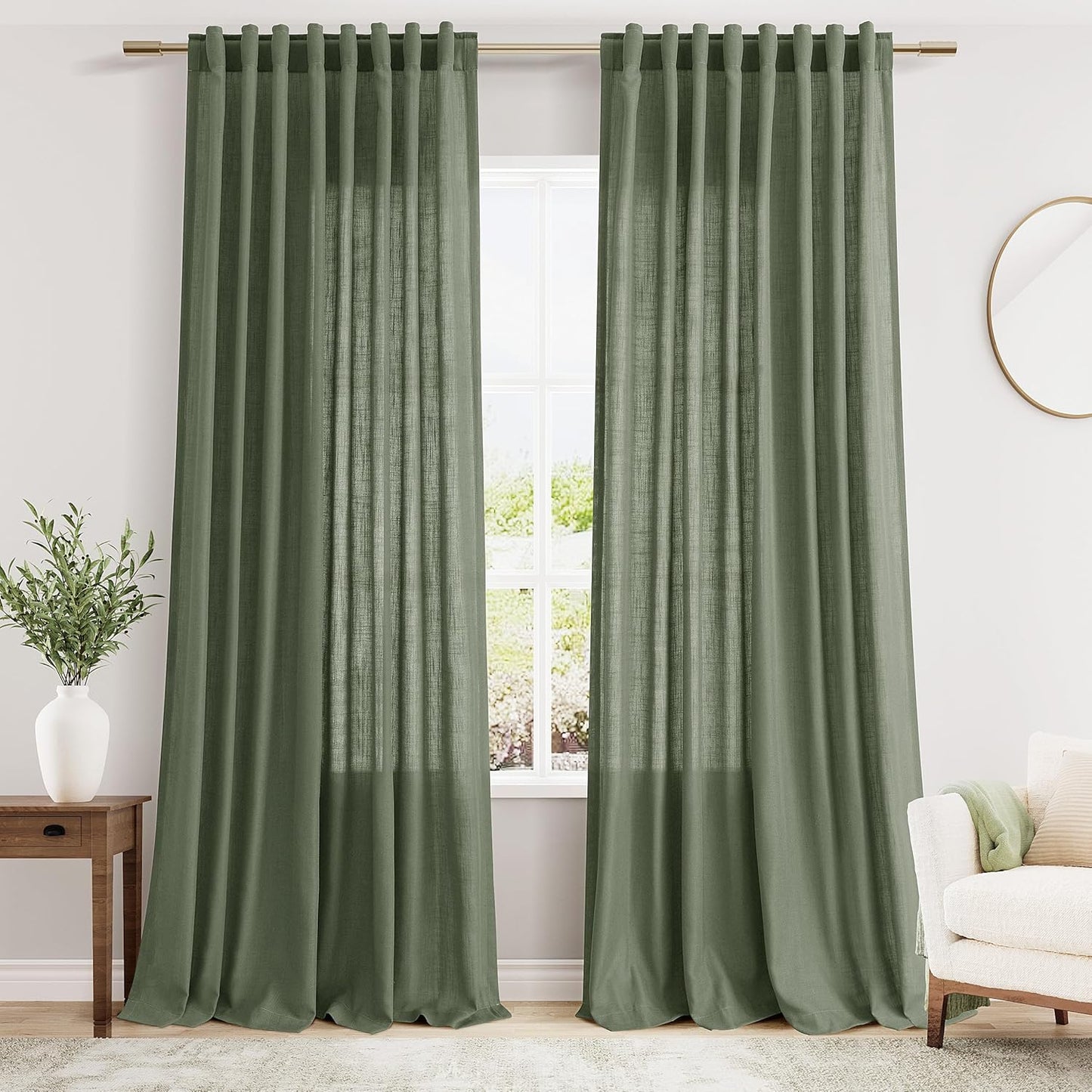 Nanspring Olive Green Linen Sheer Curtains for Elegant Spaces