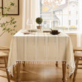 60x104 in Beige Hemstitched Embroidery Boho Tablecloth - Heavy Linen
