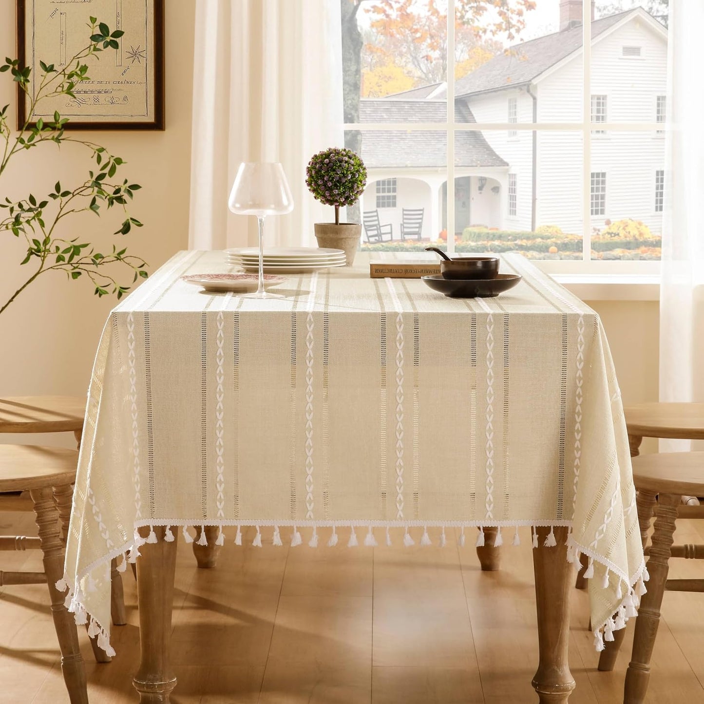 ZeeMart Hemstitched Embroidery Striped Boho Tablecloth for Style