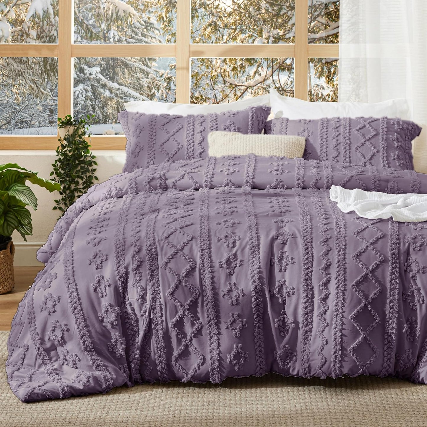 Boho Comforter Set King Size - Grayish Purple Tufted Bedding