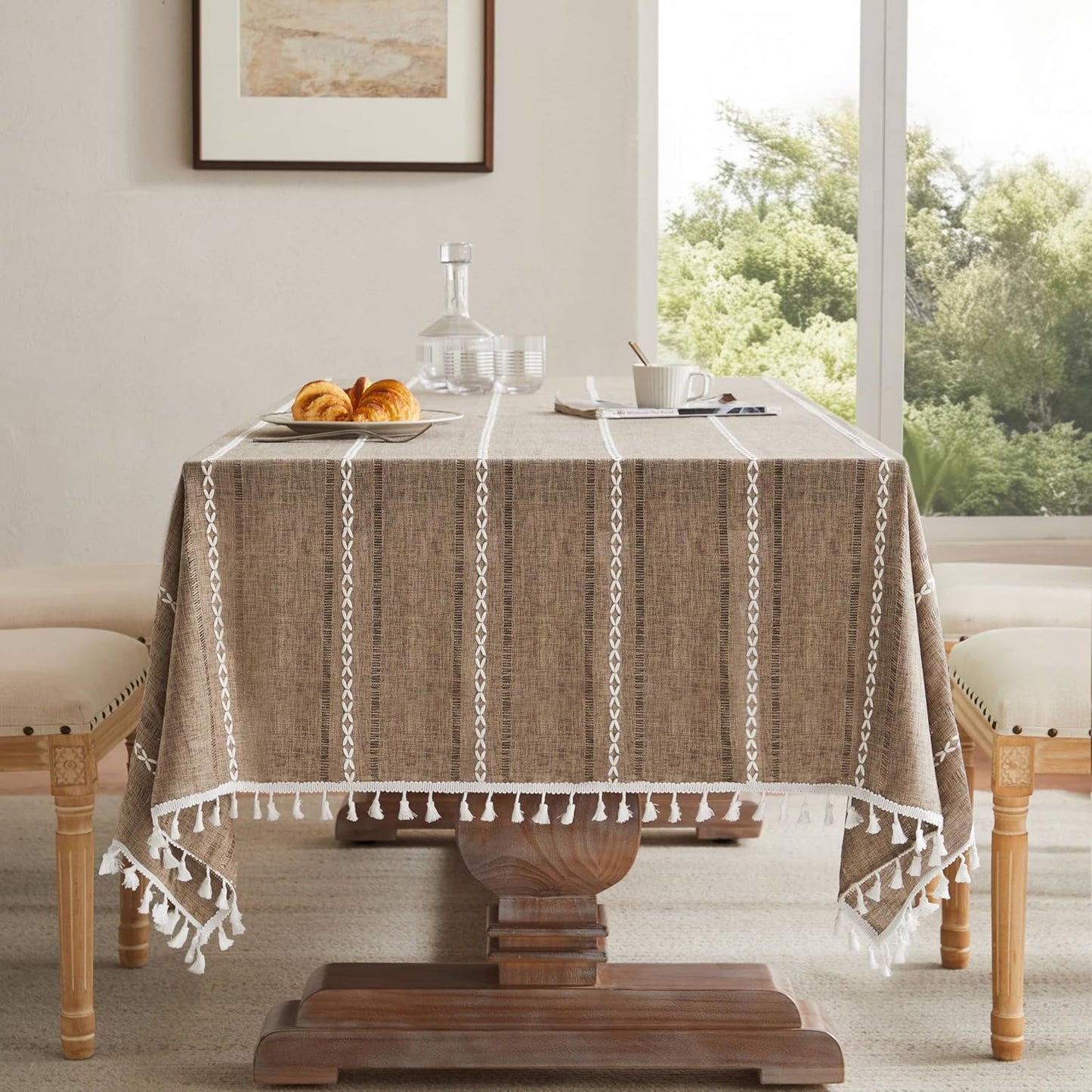 ZeeMart Hemstitched Embroidery Striped Boho Tablecloth 60x120 in