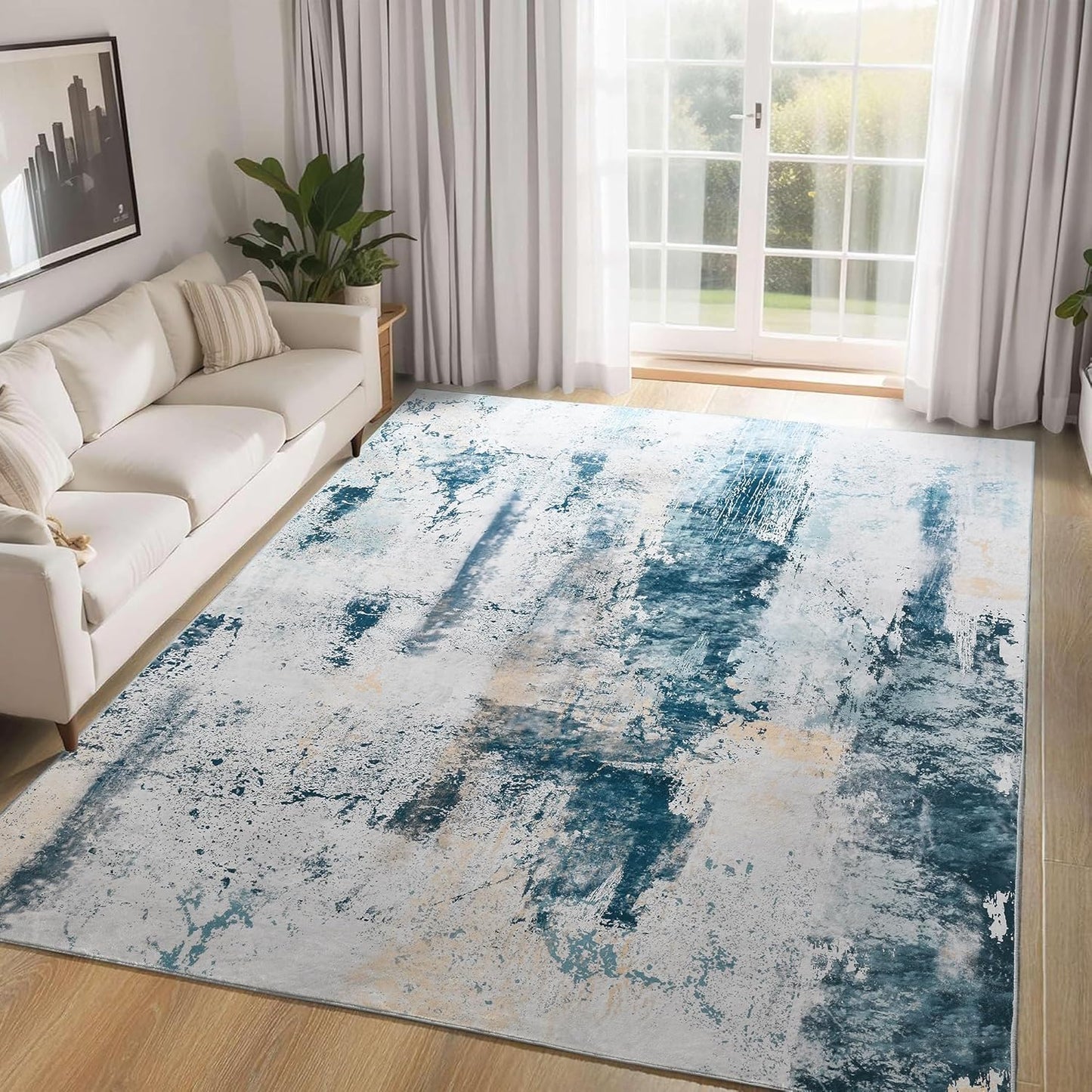 Ompaa Living Room Rug 5x8 Aqua Blue Non Slip Abstract Design