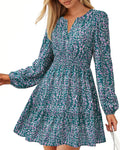 Boho Floral Mini Dress for Women - Elastic Waist V Neck