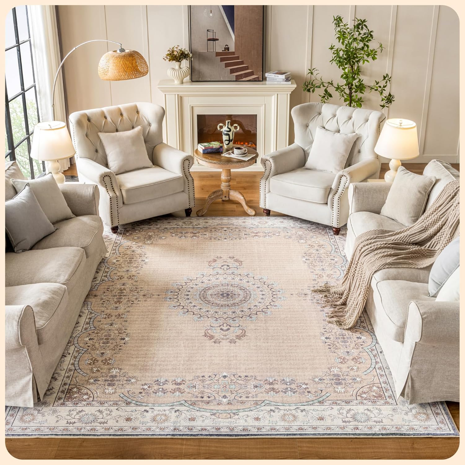 Istana Beige Area Rug 8x10 - Machine Washable & Stain Resistant