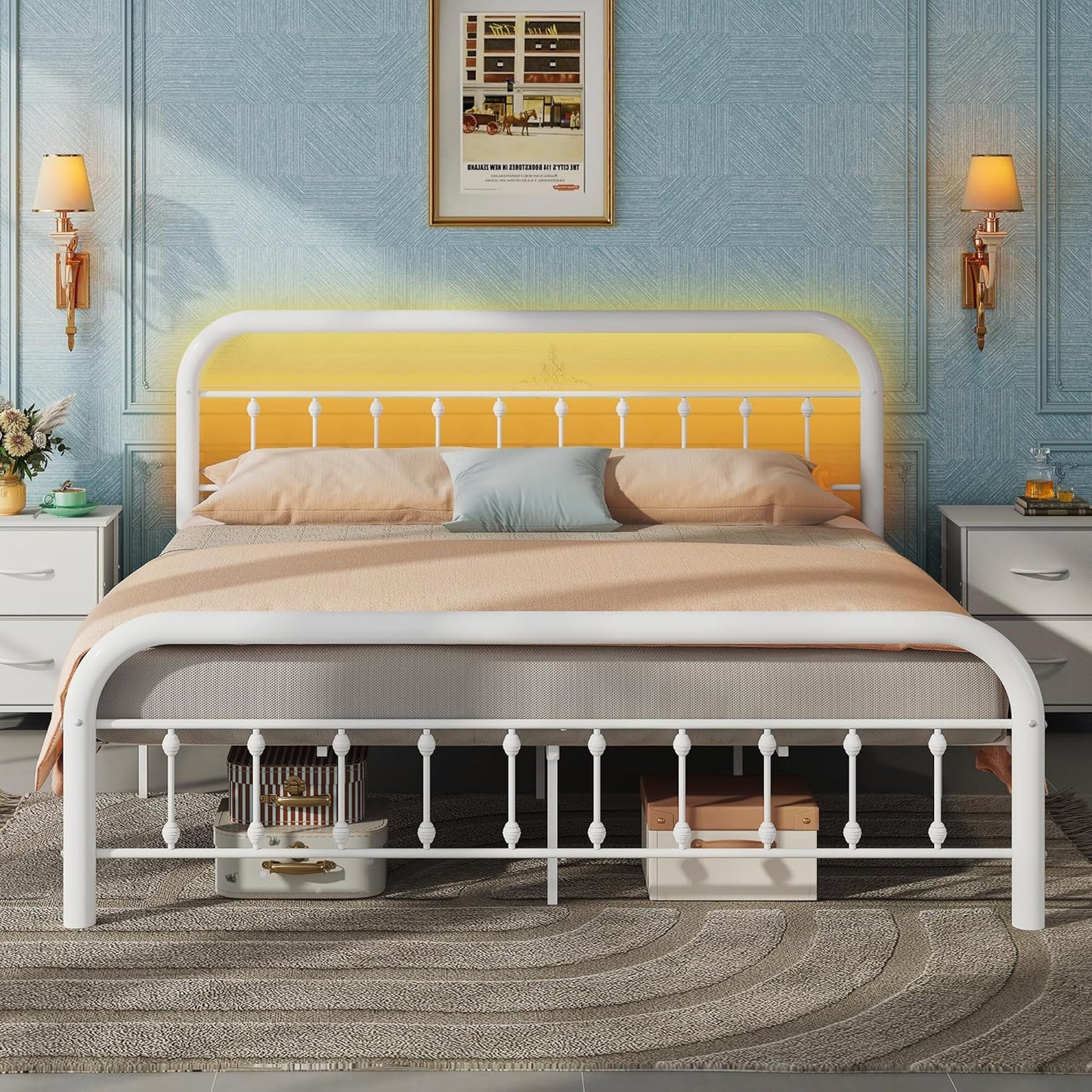 WLIVE King Size Bed Frame with LED Lights and Charging Station