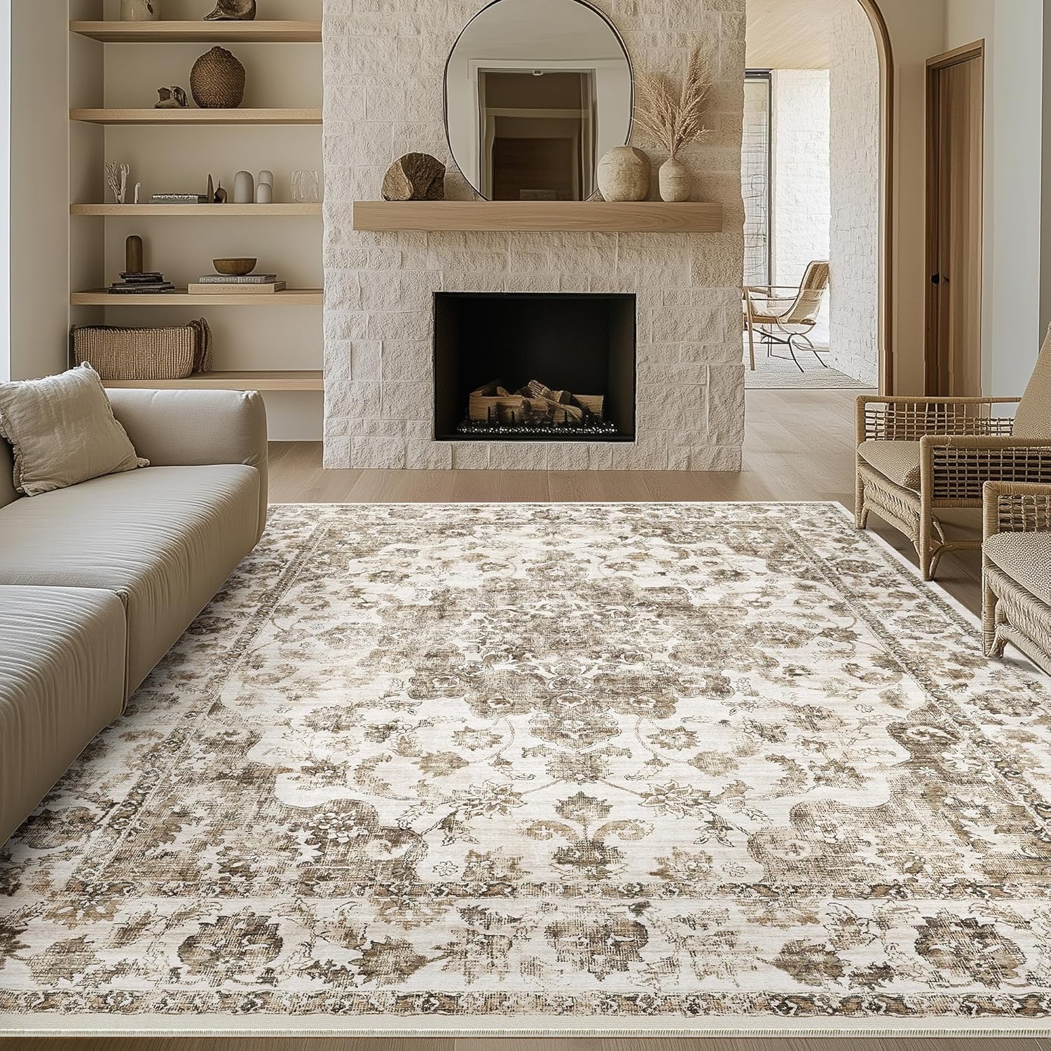 8x10 Washable Neutral Area Rug for Living Room and Bedroom