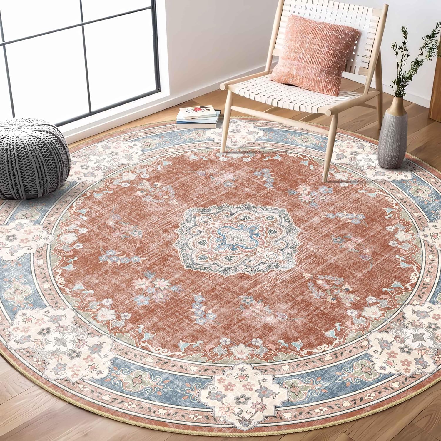 MUJOO Boho Round Rug 6ft - Vintage Washable Area Rug for Home