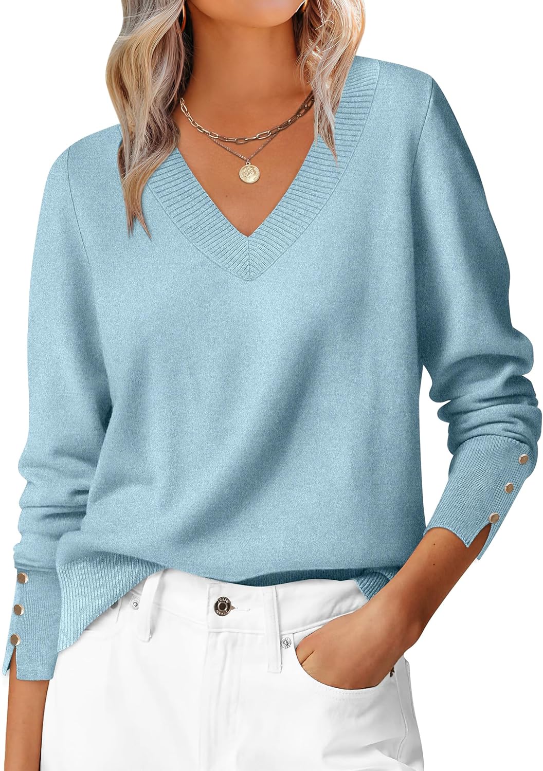 ANRABESS Women's Long Sleeve V Neck Sweater for Work and Casual