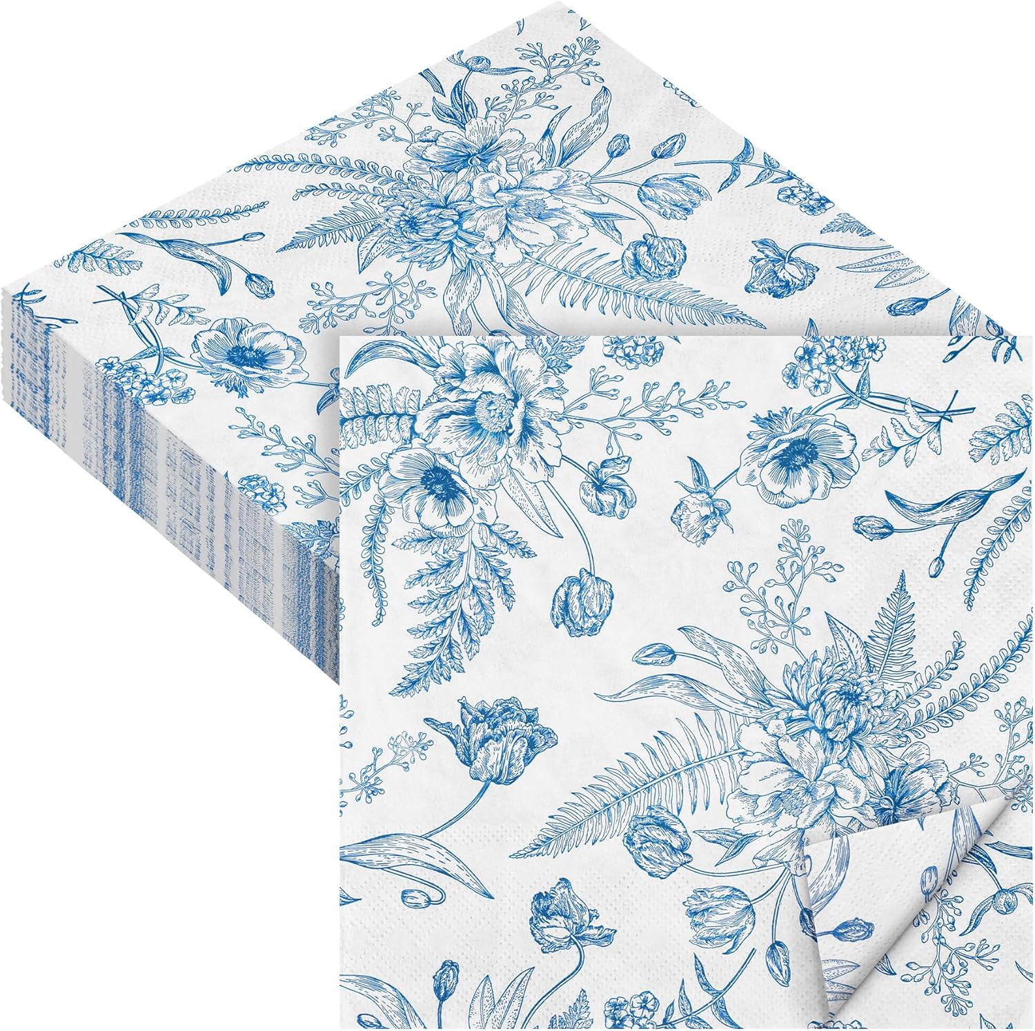 Premium Blue Floral Paper Napkins Set by Aodaer - 48 Pack