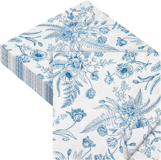 Premium Blue Floral Paper Napkins Set by Aodaer - 48 Pack