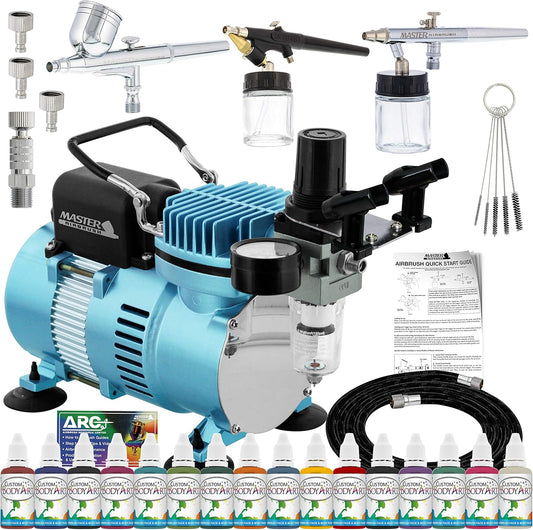 Professional Airbrush Kit - 16 Colors, 3 Airbrushes, Dual Fan Compressor