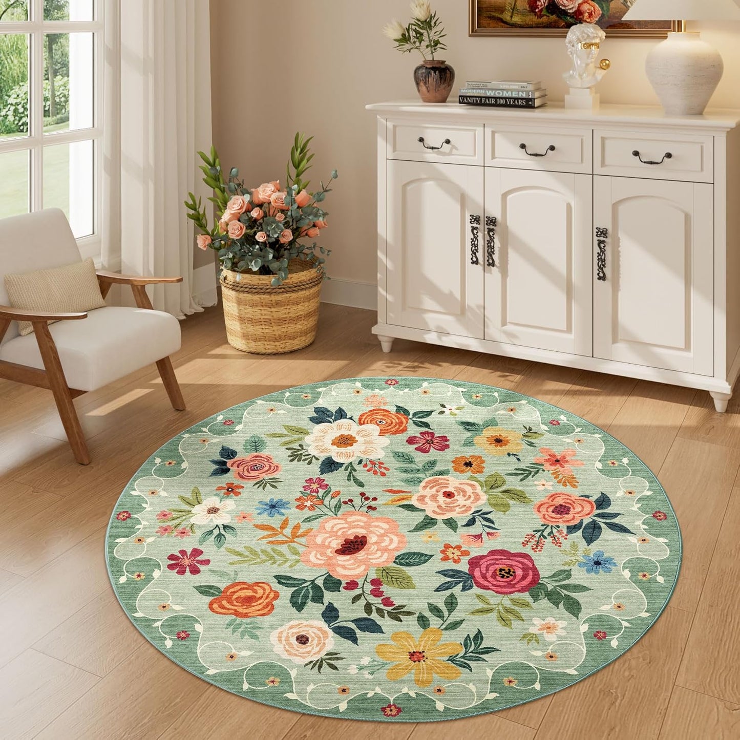 DUKINO Floral Round Rug - Soft Washable Area Rug for Home