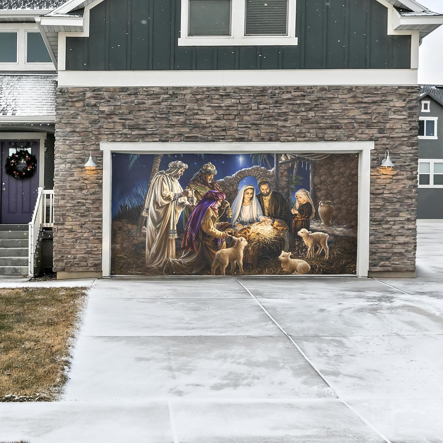 Evergreen Christmas Double Garage Door Cover for Nativity Scene