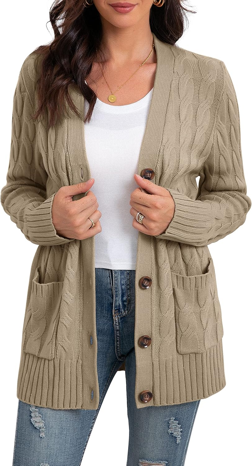 GRECERELLE Women's Long Sleeve Knit Cardigan Sweater with Pockets