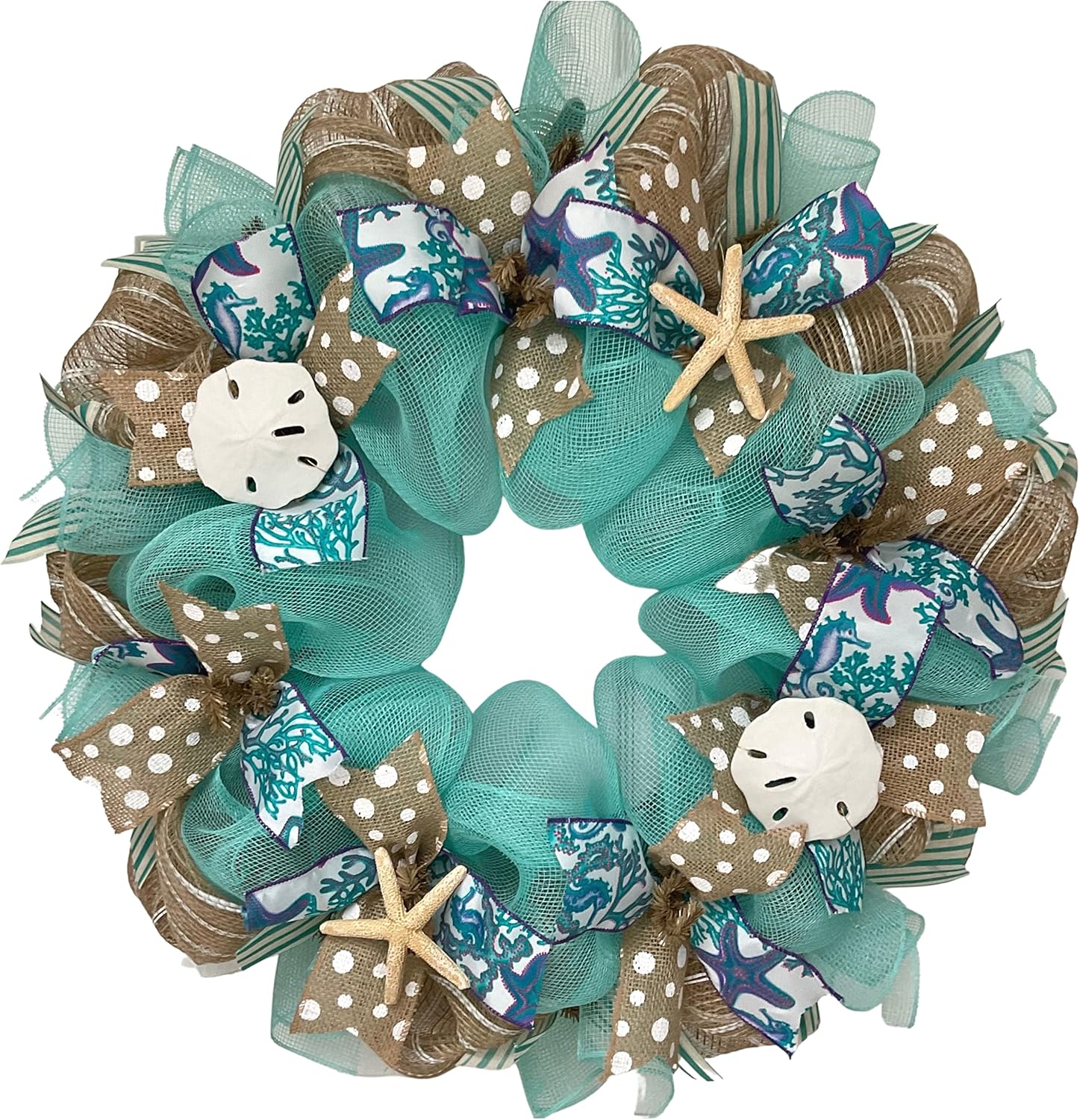 Handmade Deco Mesh Beach Wreath with Starfish and Sand Dollar