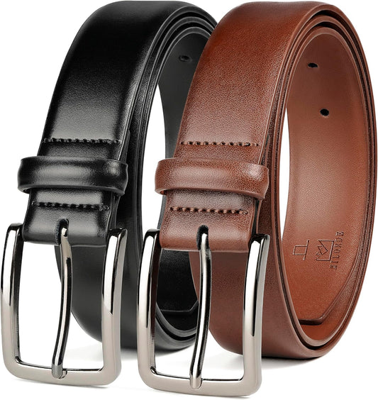 MILORDE Men's Leather Dress Belt 2Pack for Work and Casual Use