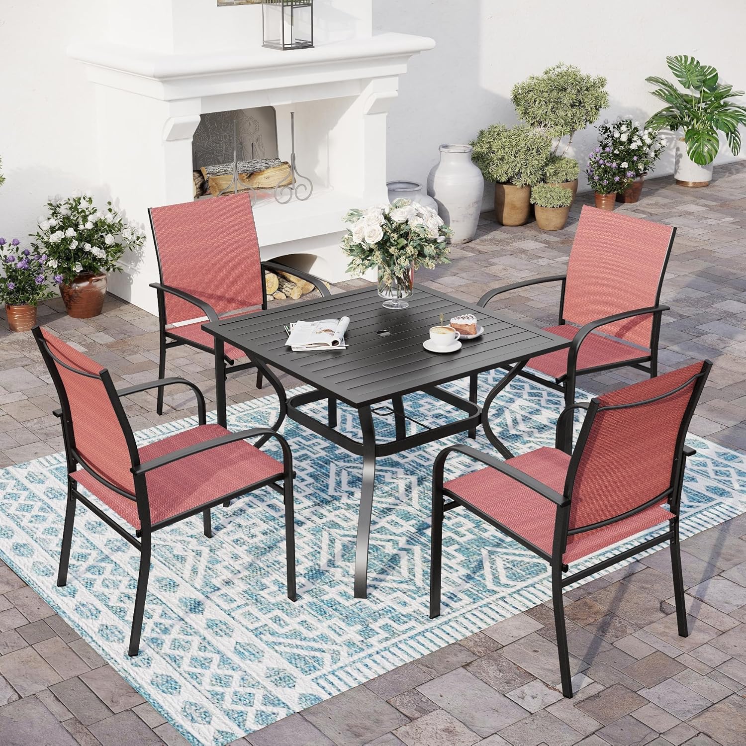 5 Piece Patio Dining Set for 4 with Umbrella Hole and Chairs