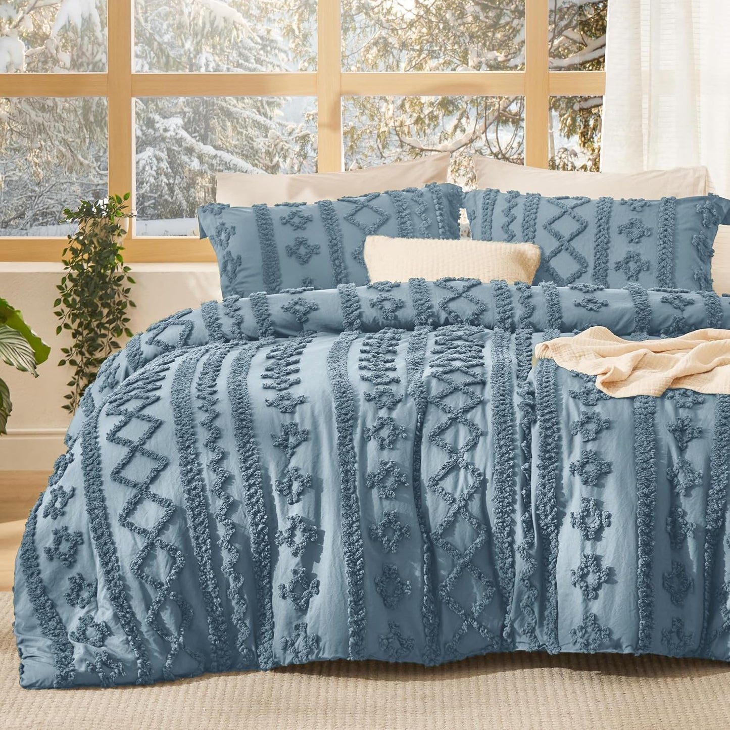 Boho Comforter Set Full Size - Grayish Blue Tufted Bedding