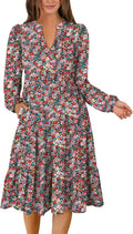 ANRABESS Long Sleeve Midi Dress V Neck Tiered Boho - Flowy Casual Fit