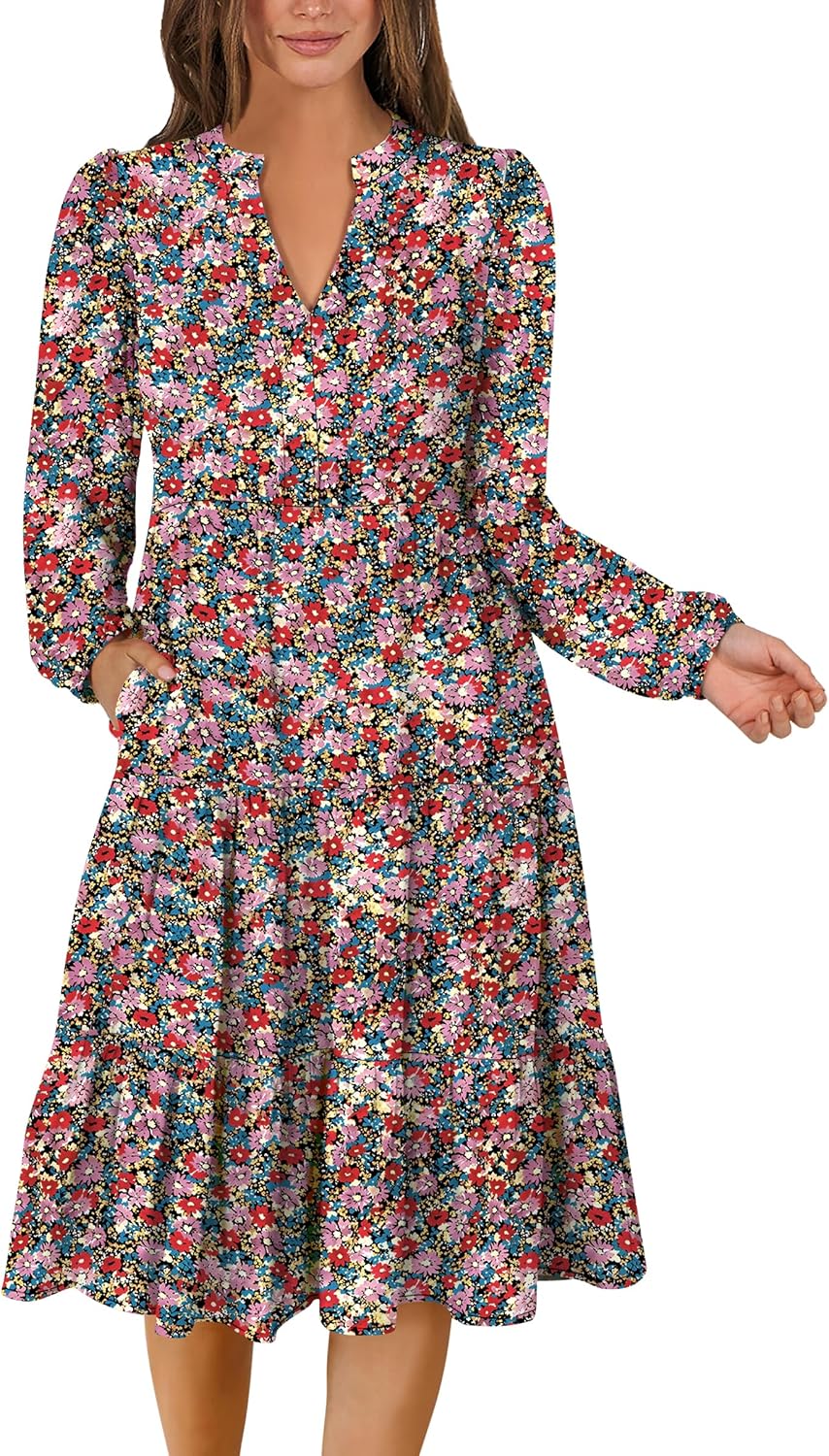 ANRABESS Long Sleeve Midi Dress for Women - Casual Boho Style