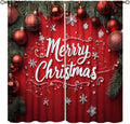 Christmas Curtains with Red Festive Ornaments and Snowflakes - Holiday