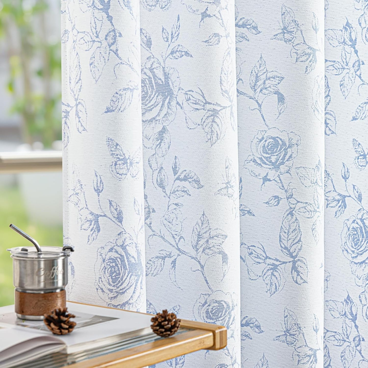 Blue Floral Jacquard Curtains for Bedroom and Living Room