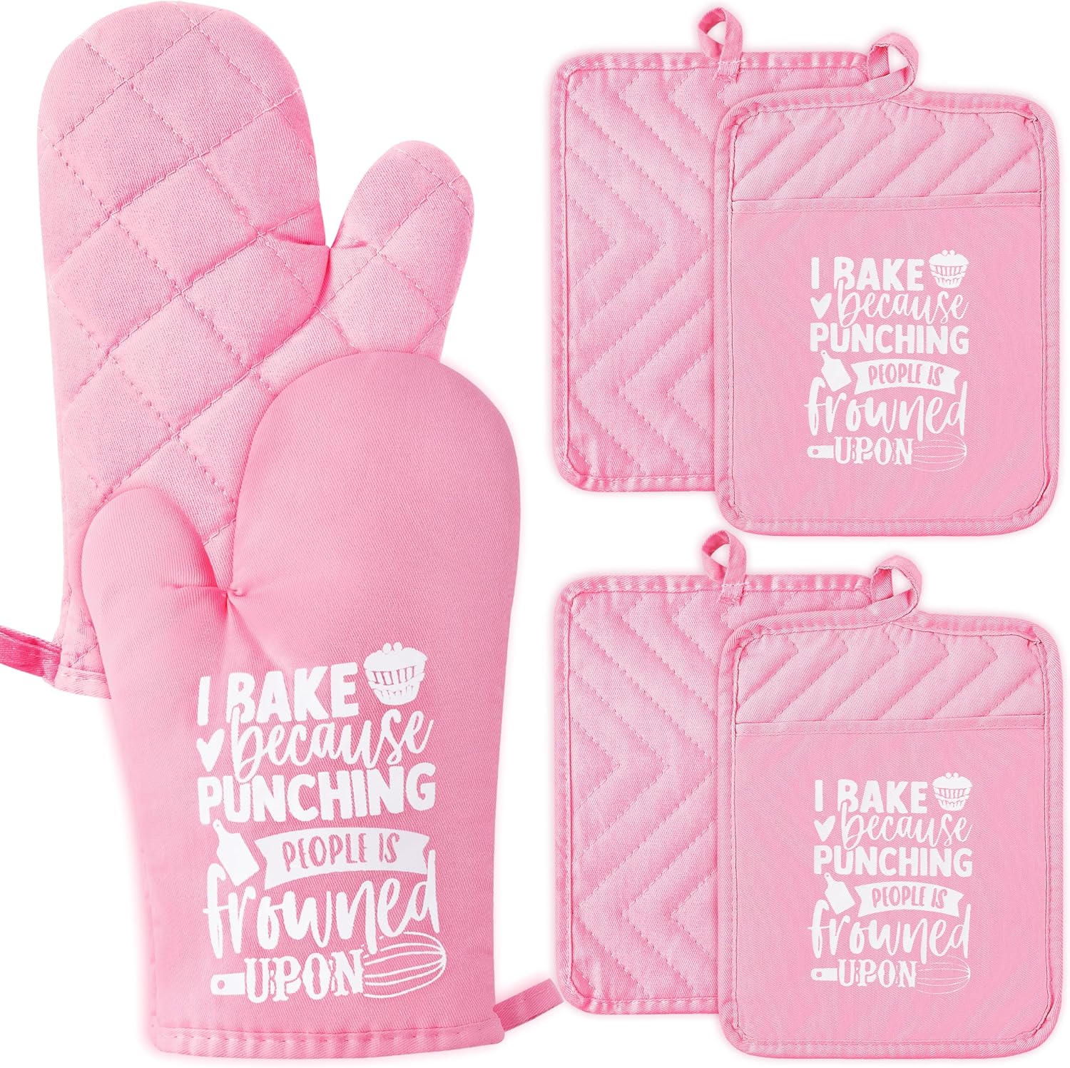 6Pc Funny Pink Oven Mitts Set: Heat Resistant & Washable
