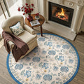 5ft Floral Round Rug Blue Beige - Washable Vintage Entryway Rug