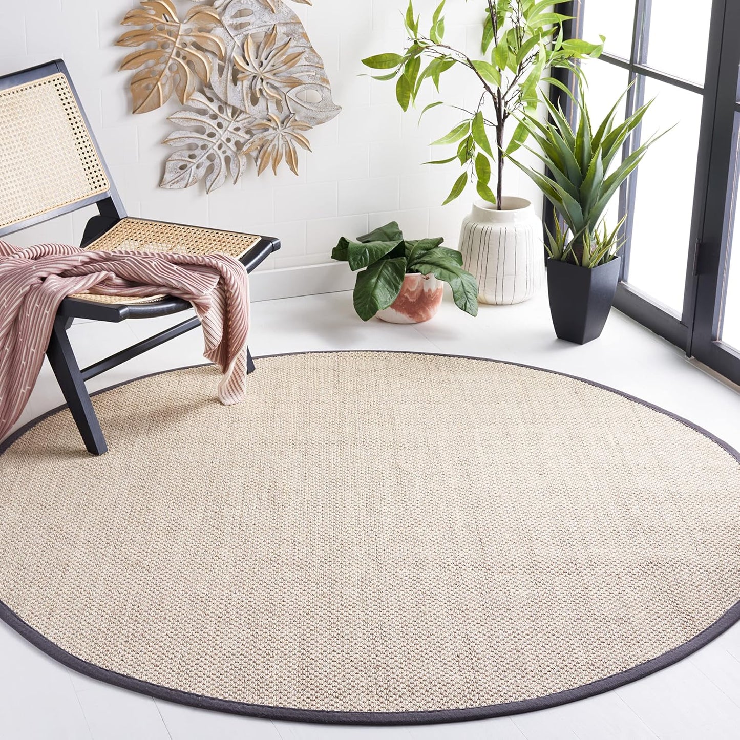 Natural Fiber Area Rug 4ft Round - Marble & Dark Grey Design