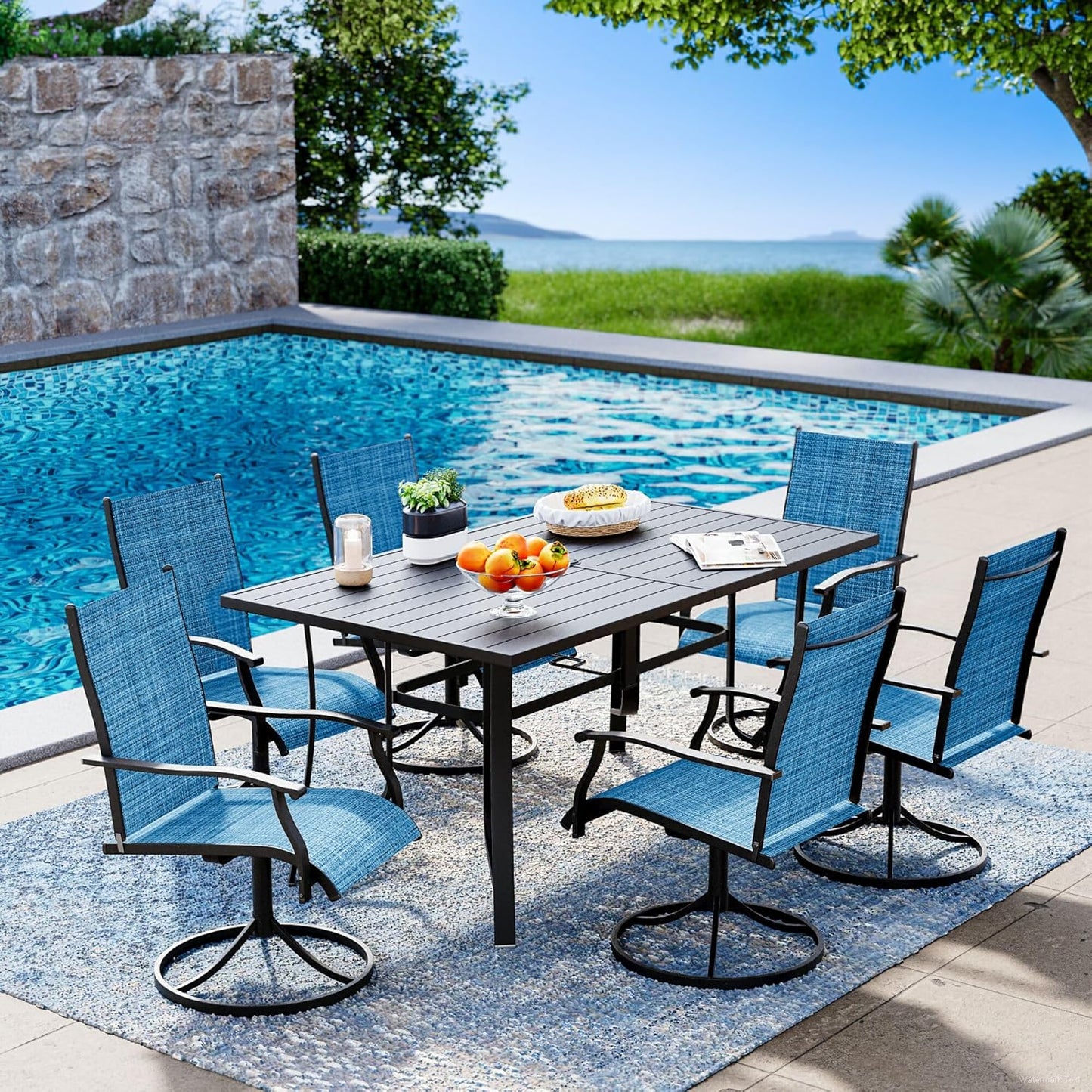 7-Piece Outdoor Dining Table Set for 6 with Swivel Rocking Chairs