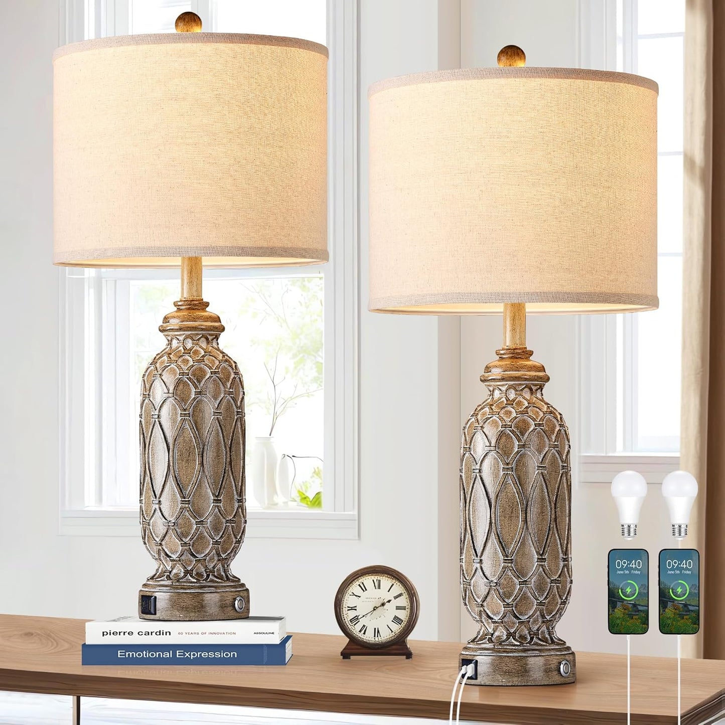 Farmhouse Lamps for Living Room Set of 2 with USB Ports