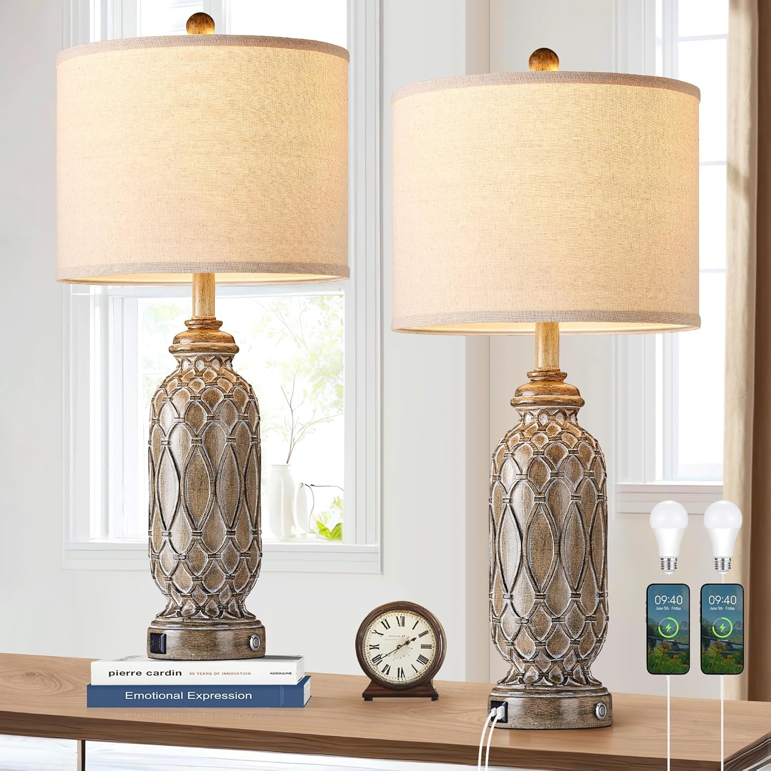 Farmhouse Lamps for Living Room Set of 2 with USB Ports