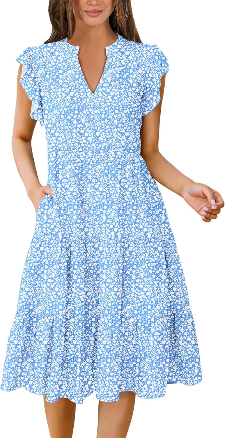 ANRABESS Womens Summer Dress Ruffle Sleeve V Neck Midi Fashion
