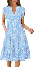 Womens Fit Flowy Tiered Midi Dress with Ruffle Sleeves - Summer