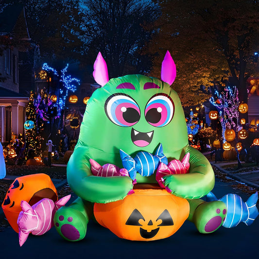 5 Ft Long Cute Halloween Inflatables Monster with Candies