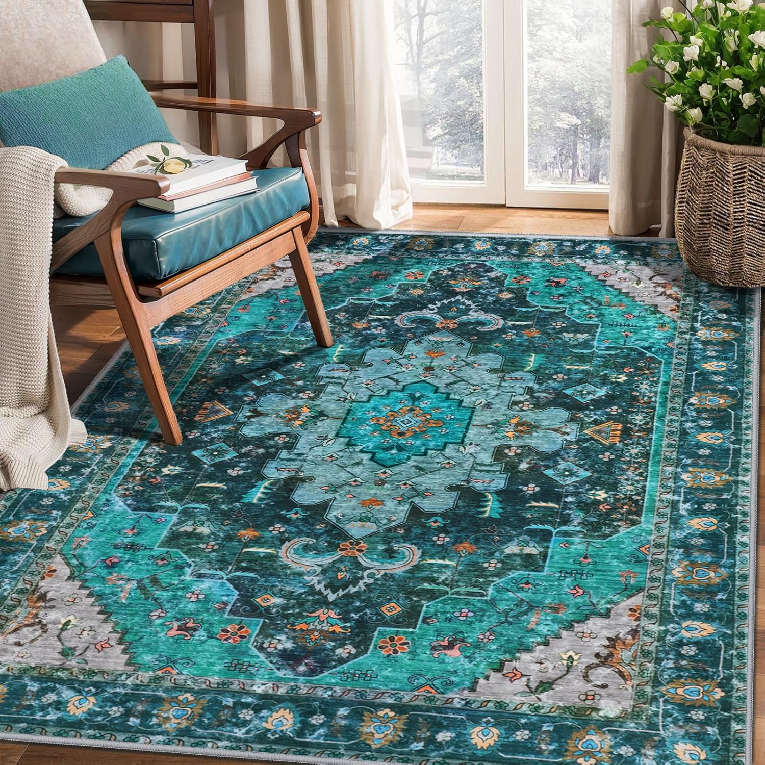 Ciicool Washable Area Rug 3x5 Teal Boho Bedroom Rug