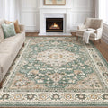 Green Rug Living Room Rug 10x14 - Washable Boho Vintage Low-Pile