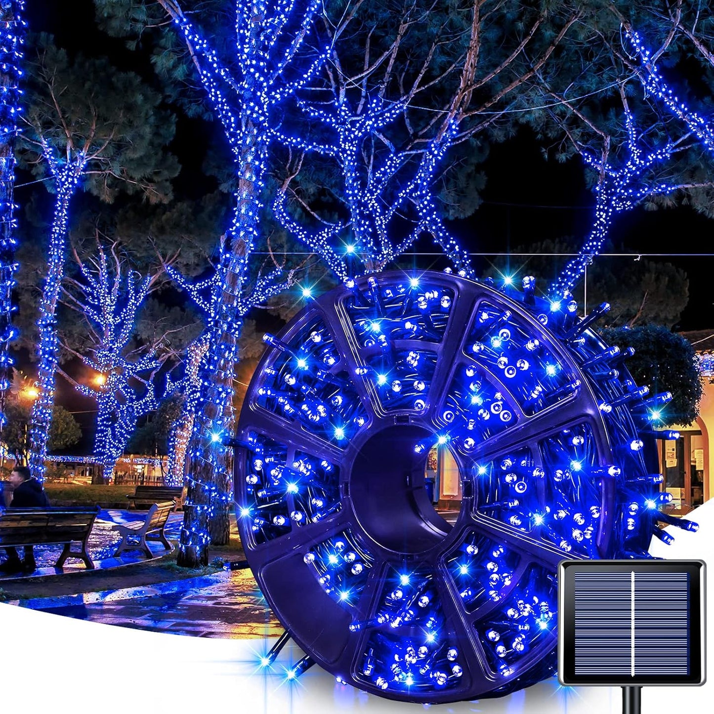 JMEXSUSS 600 LED Blue Solar Christmas Lights for Outdoor