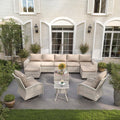 11-Piece Beige Wicker Patio Sectional Set with Swivel Rockers