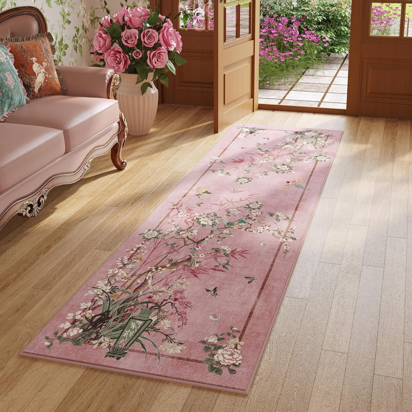 Chinoiserie-Style Floral Runner Rug for Vintage Home Decor